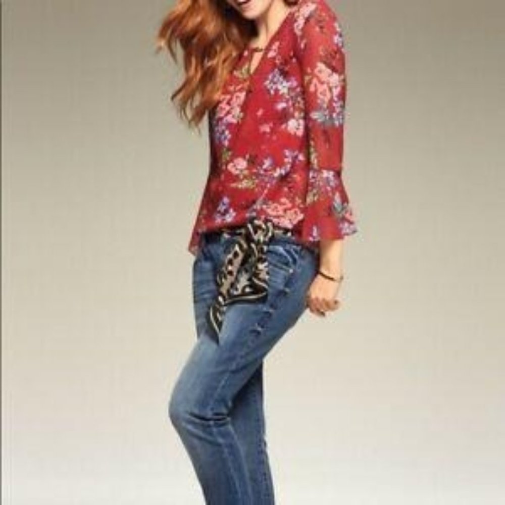 Cabi Devoted Blouse Red Floral Bell Sleeves S